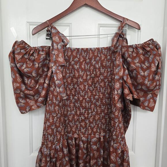 Ivy City Co Plus Sz 4X Butterfly Smocked Sundress Puff Sleeve Brown Cottagecore - Picture 5 of 11